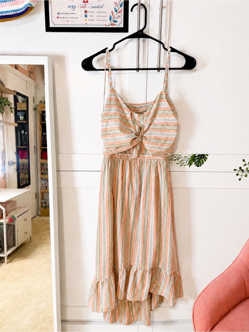 Altar'd State Pastel Peach, Mint & Ivory Striped Ruffle Midi Dress